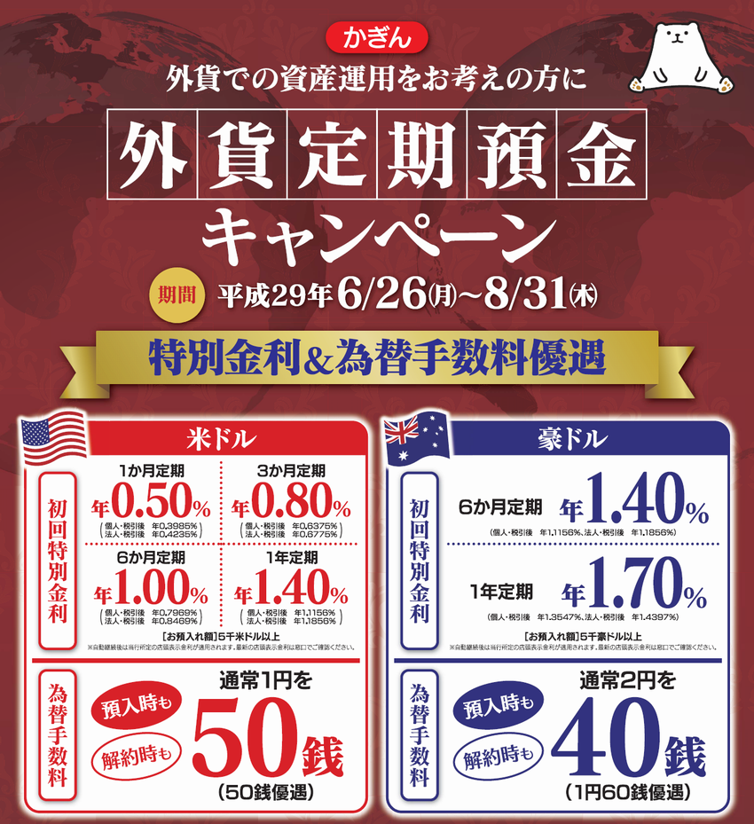 かぎん外貨定期預金キャンペーン!平成29年6月26日(月)~8月31日(木)まで かぎん外貨定期預金キャンペーン!平成29年6月26日(月)~8月31日(木)まで