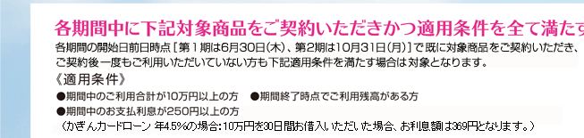 各期間中に下記対象商品をご契約いただきかつ適用条件を全て満たす方
