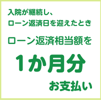 入院が継続し、ローン返済日を迎えたときローン返済相当額を1ヵ月分お支払い 入院が継続し、ローン返済日を迎えたときローン返済相当額を1ヵ月分お支払い