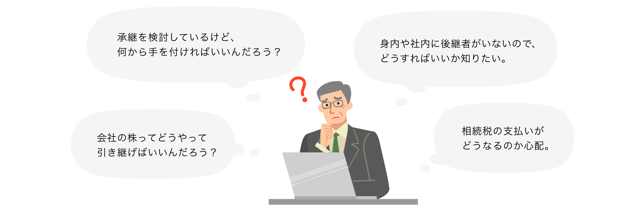 承継を検討しているけど、何から手を付ければいいんだろう? 身内や社内に後継者がいないので、どうすればいいか知りたい。 会社の株ってどうやって引き継げばいいんだろう? 相続税の支払いがどうなるのか心配。 承継を検討しているけど、何から手を付ければいいんだろう? 身内や社内に後継者がいないので、どうすればいいか知りたい。 会社の株ってどうやって引き継げばいいんだろう? 相続税の支払いがどうなるのか心配。