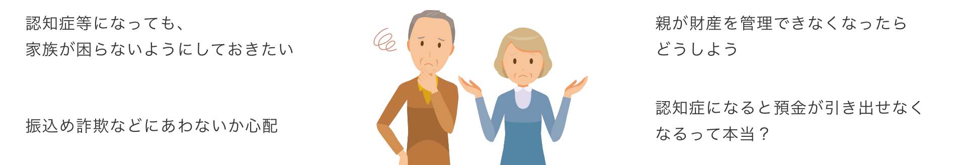 「認知症等になっても、家族が困らないようにしておきたい」「振込め詐欺などにあわないか心配」「親が財産を管理できなくなったらどうしよう」「認知症になると預金が引き出せなくなるって本当？」