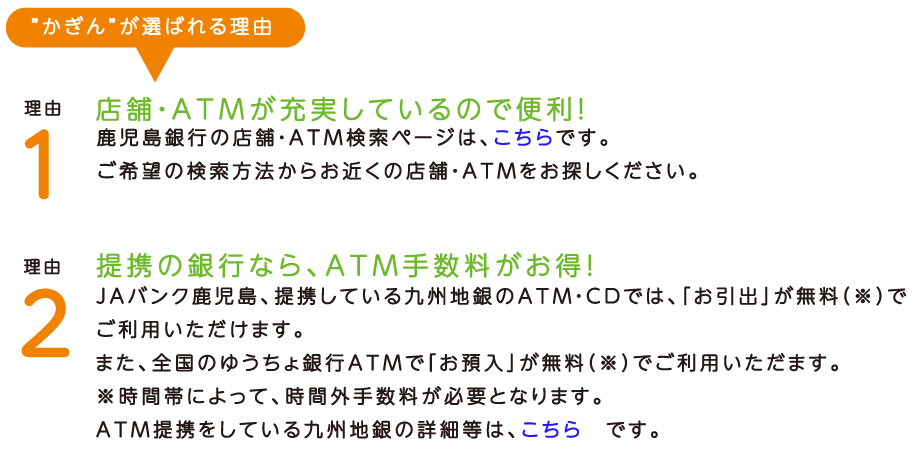 “かぎん”が選ばれる理由理由1 店舗・ATMが充実しているので便利！ 本支店114店舗、出張所や無人店舗をあわせると、なんと591カ所でご利用いただけます。また、鹿児島県内のすべてのファミリーマートで鹿児島銀行の店舗ATMと全く同様のサービスをご利用いただけます。（2019年6月末現在） 理由2 提携の銀行なら、ATM手数料がお得！ JAバンク鹿児島、九州地銀10行のATM・CDでは、「お引出」が無料でご利用いただけます。また、全国のゆうちょ銀行ATMで「お預入」が無料でご利用いただけます。