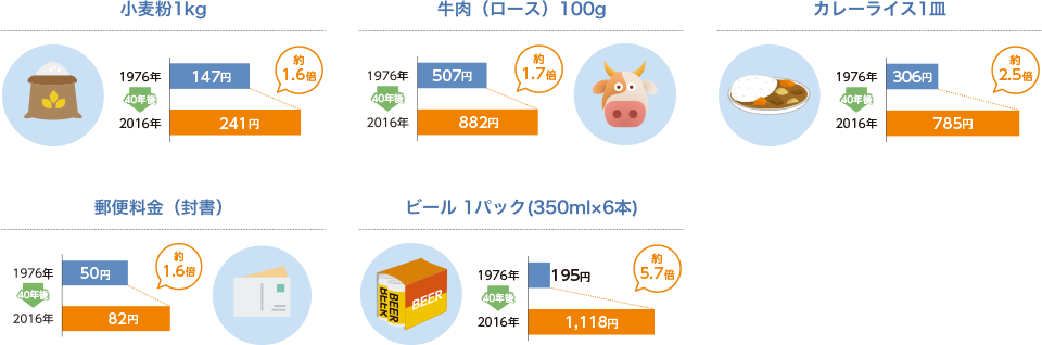 小麦粉1kg→約1.8倍、牛肉（ロース）100g→約1.9倍、カレーライス1皿→約2.5倍、郵便料金（封書）→約4.1倍、ビール1パック（350ml×6本）→約6.2倍