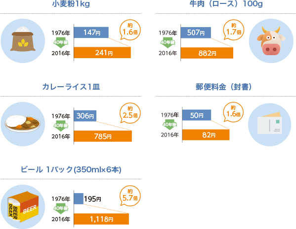 小麦粉1kg→約1.8倍、牛肉（ロース）100g→約1.9倍、カレーライス1皿→約2.5倍、郵便料金（封書）→約4.1倍、ビール1パック（350ml×6本）→約6.2倍