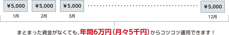 まとまった資金がなくても、年間6万円（月々5千円）からコツコツ運用できます！