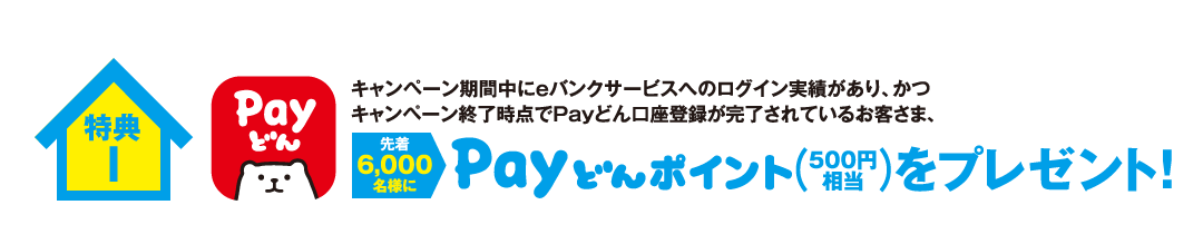 キャンペーン期間中にｅバンクサービスへのログイン実績があり、かつキャンペーン終了時点でPayどん口座登録が完了されているお客さま、先着6,000名様にPayどんポイント500円相当をプレゼント！