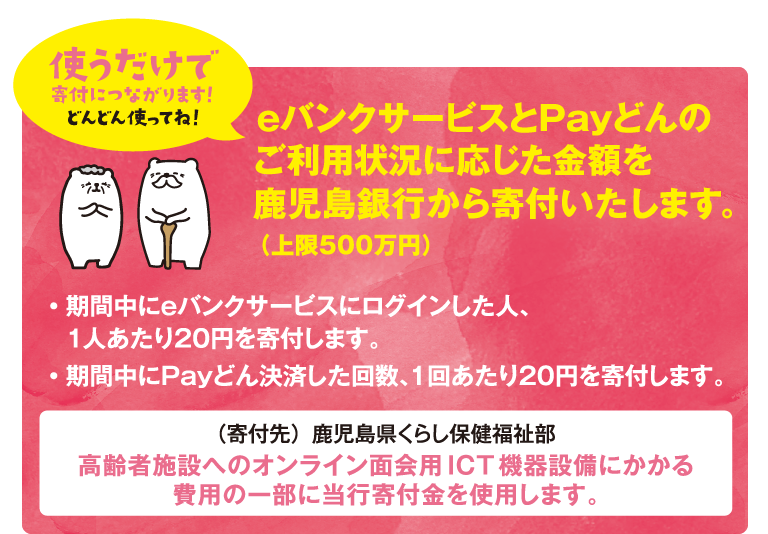 (寄付につながります!どんどん使ってね!)eバンクサービスとPayどんのご利用状況に応じた金額を鹿児島銀行から寄付いたします。(上限500万円) (寄付につながります!どんどん使ってね!)eバンクサービスとPayどんのご利用状況に応じた金額を鹿児島銀行から寄付いたします。(上限500万円)