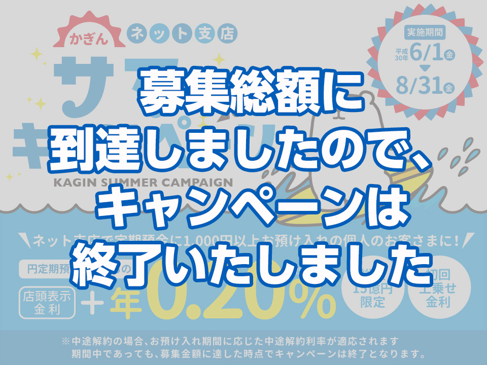 ネット支店サマーキャンペーン(円定期預金6ヶ月もの)ネット支店で定期預金に1000円以上お預け入れの個人のお客さまに上乗せ金利年0.2%（店頭表示金利に上記金利を上乗せした金利が適用される）平成30年6月1日(金)～平成30年8月31日(金)まで募集総額15億円(期間中であっても募集金額に達した時点で、キャンペーンは終了となります)※中途解約の場合、お預け入れ期間に応じた中途解約利率が適応されます。