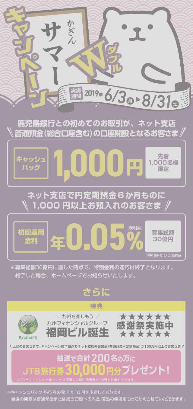 ネット支店サマーキャンペーン(円定期預金6ヶ月もの)ネット支店で円定期預金6か月物に1,000円以上お預け入れの個人のお客さまに上乗せ金利年0.05%（店頭表示金利に上記金利を上乗せした金利が適用される）令和元年6月3日(金)～令和元年8月31日(土)まで募集総額30億円(期間中であっても募集金額に達した時点で、キャンペーンは終了となります)※中途解約の場合、お預け入れ期間に応じた中途解約利率が適応されます。ネット支店普通預金(総合口座含む)の新規口座開設をされたお客さま先着1,000名様限定1,000円キャッシュバック さらに上記どちらかのキャンペーンにご参加の方に抽選で合計200名の方にJTB旅行券30,000円分プレゼント！