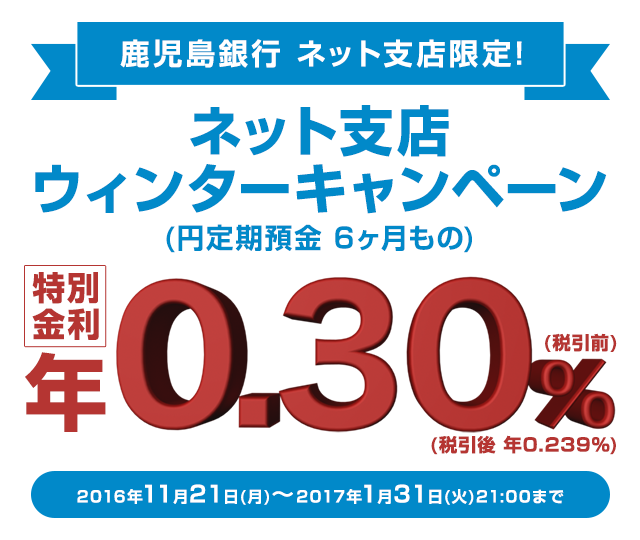 ネット支店ウィンターキャンペーン(円定期預金6ヶ月もの)特別金利年0.30%(税引前)(税引後年0.239%)2016年11月21日(月)～2017年1月31日(火)21:00まで募集総額30億円(期間中であっても募集金額に達した日をもって終了とさせていただきます)