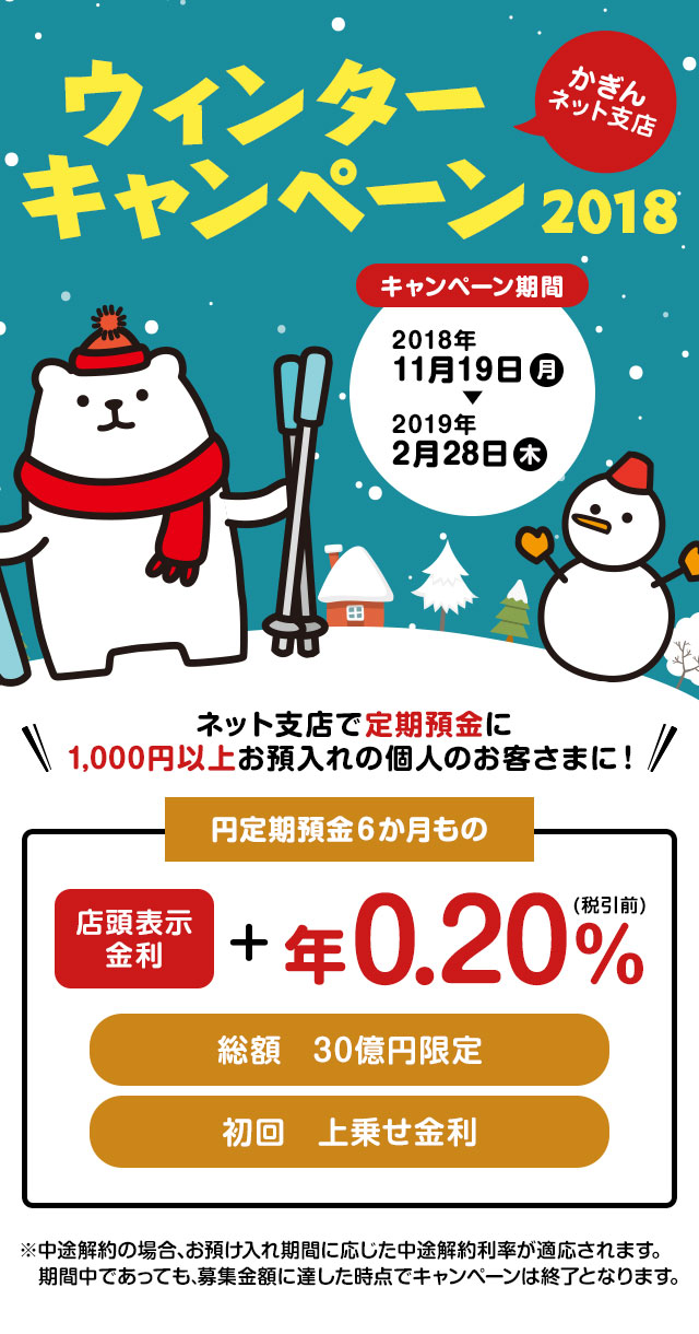 ネット支店ウィンターキャンペーン(円定期預金6ヶ月もの)ネット支店で定期預金に1000円以上お預け入れの個人のお客さまに上乗せ金利年0.2%（店頭表示金利に上記金利を上乗せした金利が適用される）2018年11月19日(月)～2019年2月28日(木)まで募集総額30億円(期間中であっても募集金額に達した時点で、キャンペーンは終了となります)※中途解約の場合、お預け入れ期間に応じた中途解約利率が適応されます。